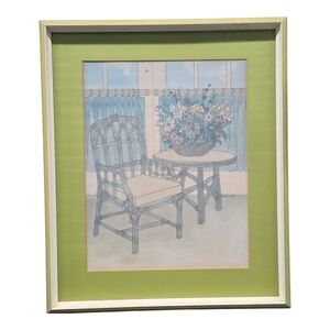 Vintage Flower Painting Porch  by Reifman Green Boarder 1970 Watercolor